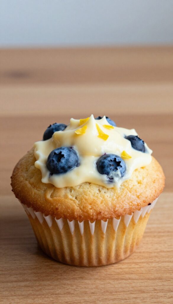 Lemon blueberry muffin with cream cheese swirl on wooden table