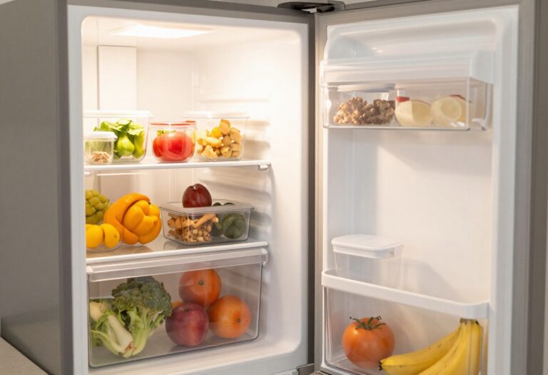 Open refrigerator with clear plastic bins and organized food containers in a bright kitchen