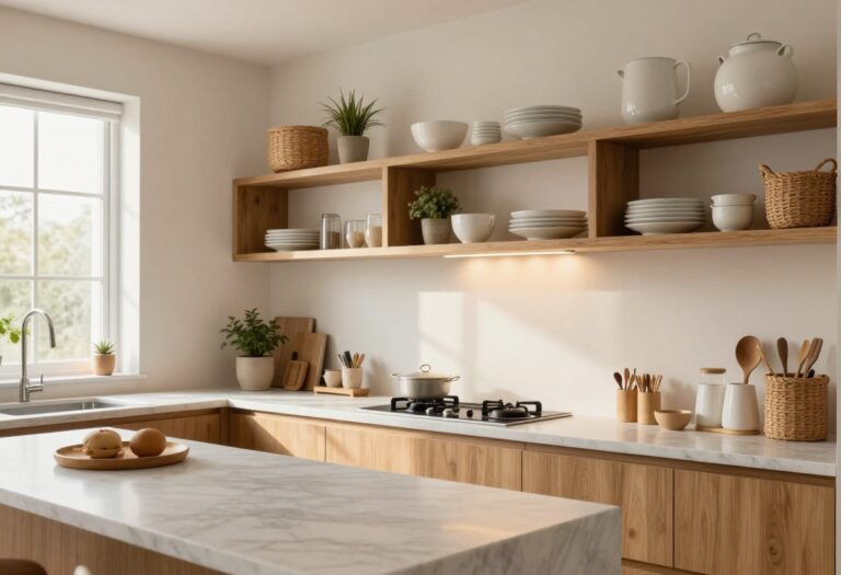 Cozy kitchen open shelves with dishes, baskets, and plants under warm lighting