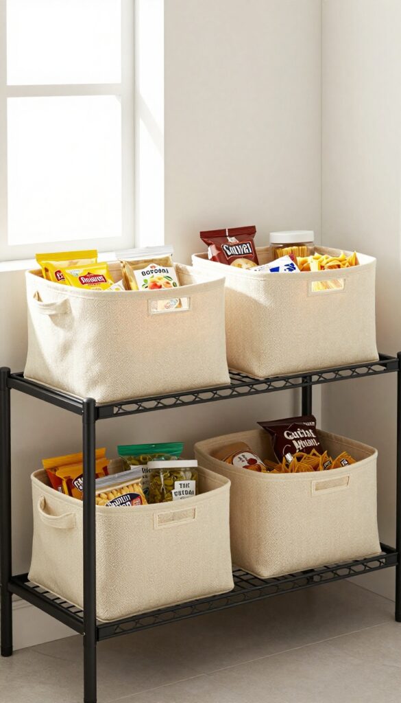 Wire shelf pantry with fabric-lined baskets in cream and herringbone weave, modern cozy style
