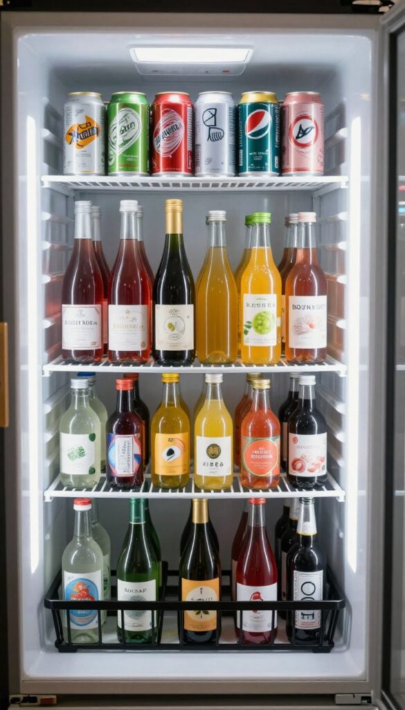 A wire magazine holder repurposed as a bottle caddy in a mini fridge, holding tall bottles neatly.