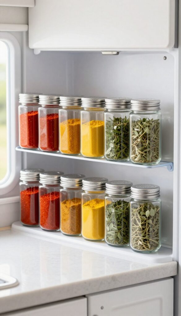Magnetic spice jars attached to the side of a refrigerator in a camper kitchen