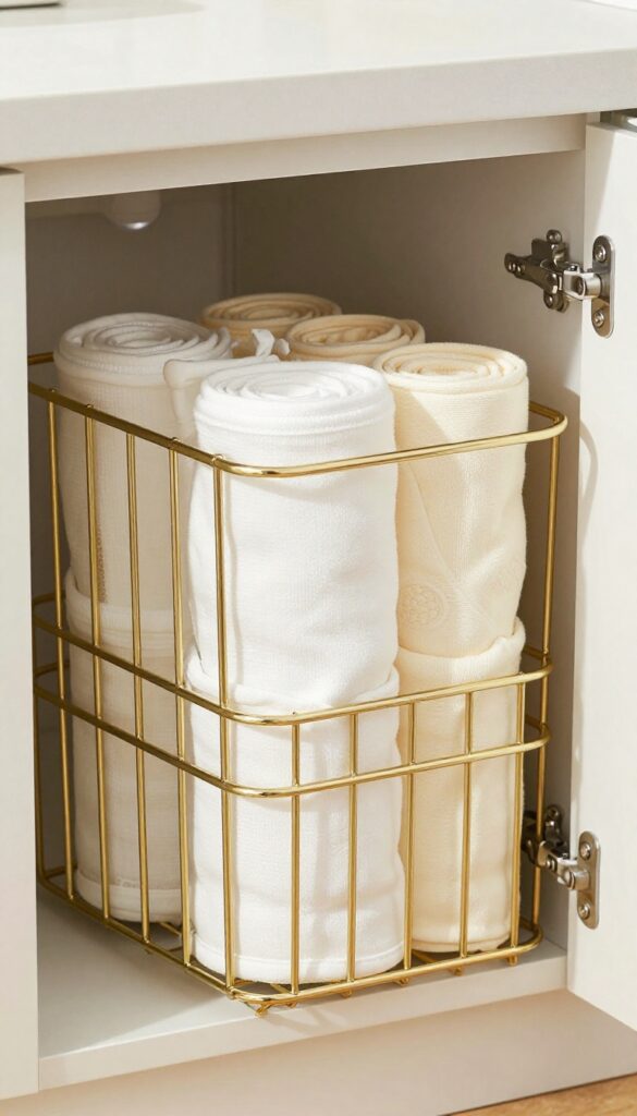 Open lower kitchen cabinet with a pull-out wire basket containing rolled white and cream baby bibs and burp cloths, illuminated by natural light and a puck light.