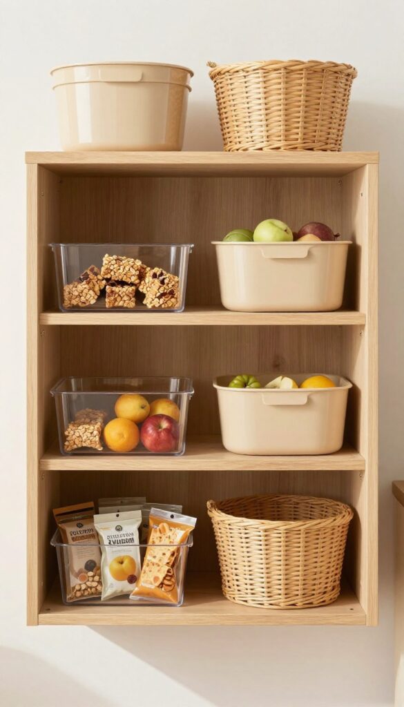 Deep pantry snack station with clear bins and tiered stand holding snacks, warm wood tones, bright natural light.