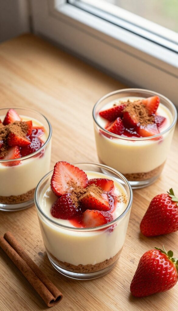 Spiced strawberry cheesecake cups with cinnamon crust in glass dessert cups, garnished with fresh strawberries and cinnamon stick on wooden surface.