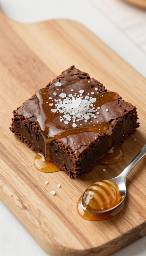Fudgy brownie with honey drizzle and flaky sea salt on wooden board