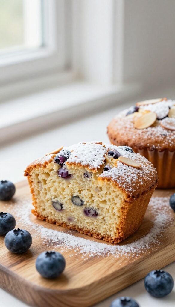 Slice of almond flour blueberry muffin cake on a wooden plate with fresh blueberries and powdered sugar
