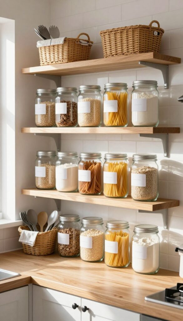 Open shelving with labeled glass jars and baskets in a modern kitchen