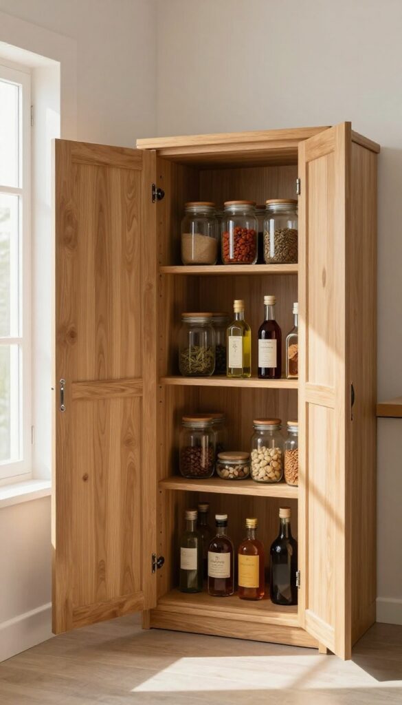 Open corner cabinet with a wooden lazy Susan holding neatly arranged jars of spices, oils, and vinegars, bright natural light.