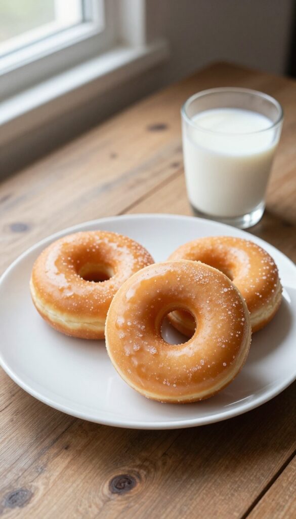 Two glazed almond flour donuts on a plate with a glass of milk on a wooden table