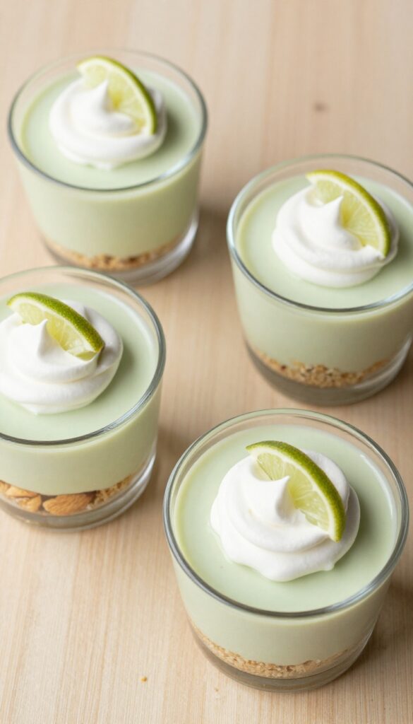 No-bake key lime pie cups with cream cheese swirl in glass cups on wooden table