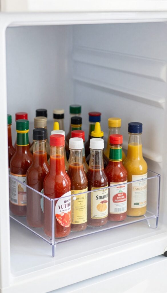 Clear acrylic lazy Susan on a fridge shelf holding colorful condiment bottles, neatly organized and easily accessible.