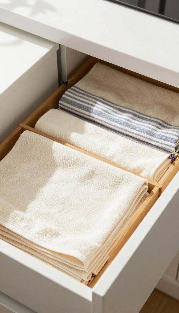 A kitchen drawer with neatly folded towels separated by wooden dividers, soft natural light, cozy and organized.