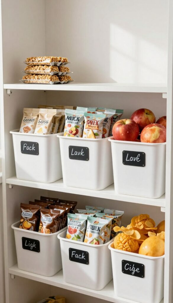 Pantry shelf with labeled white bins filled with snack packs
