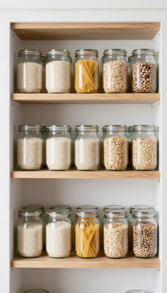 Neat rows of clear glass jars filled with rice, pasta, oats, and beans on open wooden pantry shelves, organized by category, with soft natural light.