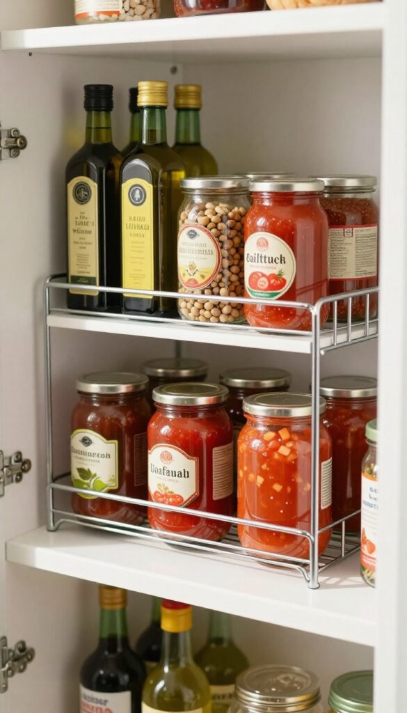 Tiered shelf riser in a bright pantry organizing cans and jars for easy visibility.