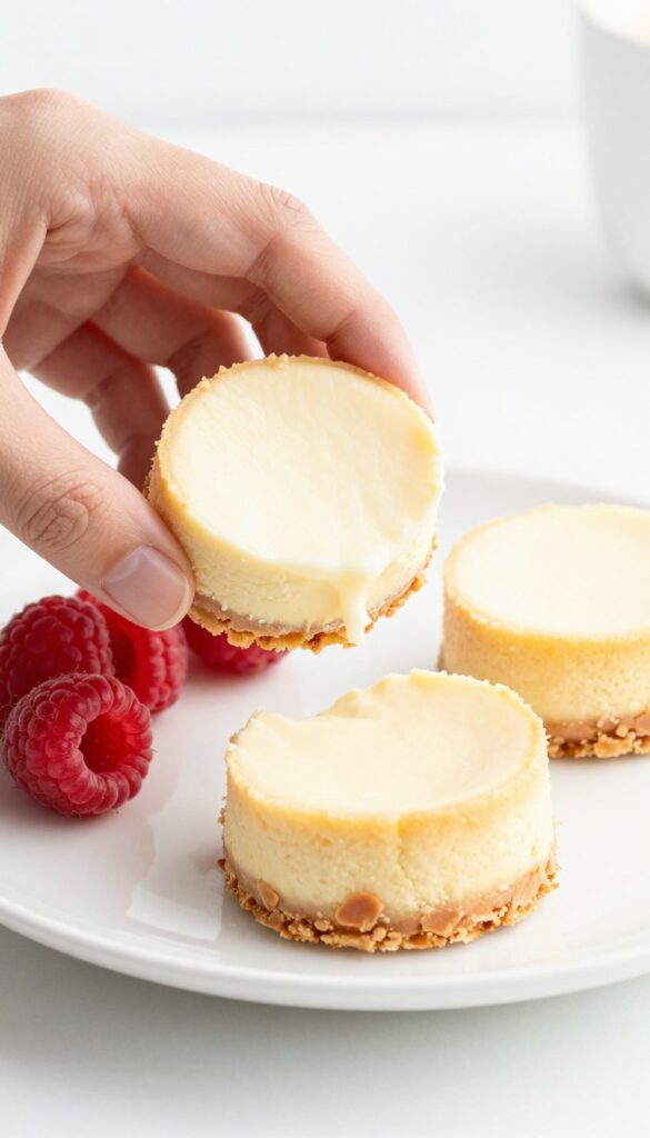 Vanilla cheesecake bites on a plate with raspberries
