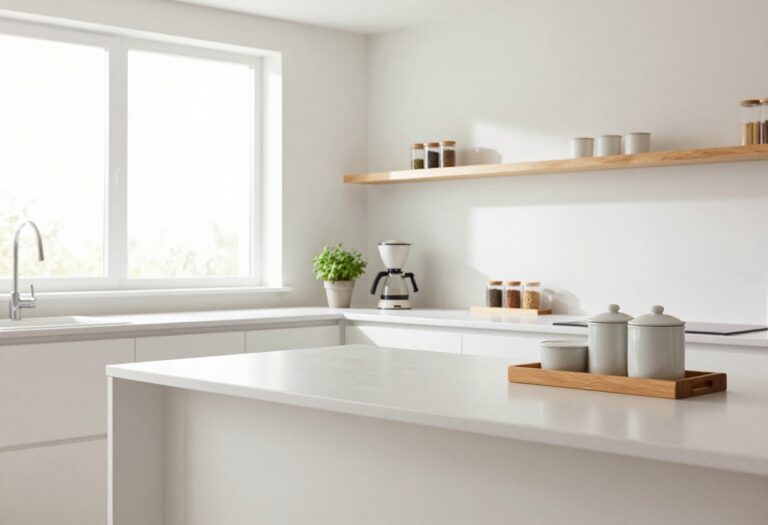 Organized kitchen counter with tray, coffee maker, canisters, plant, and shelf