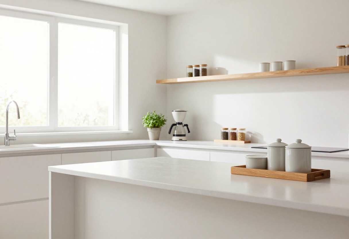 Organized kitchen counter with tray, coffee maker, canisters, plant, and shelf