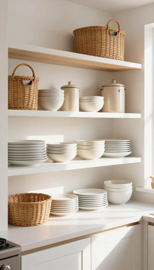 Kitchen shelf with open shelving and closed storage baskets and canisters in natural light