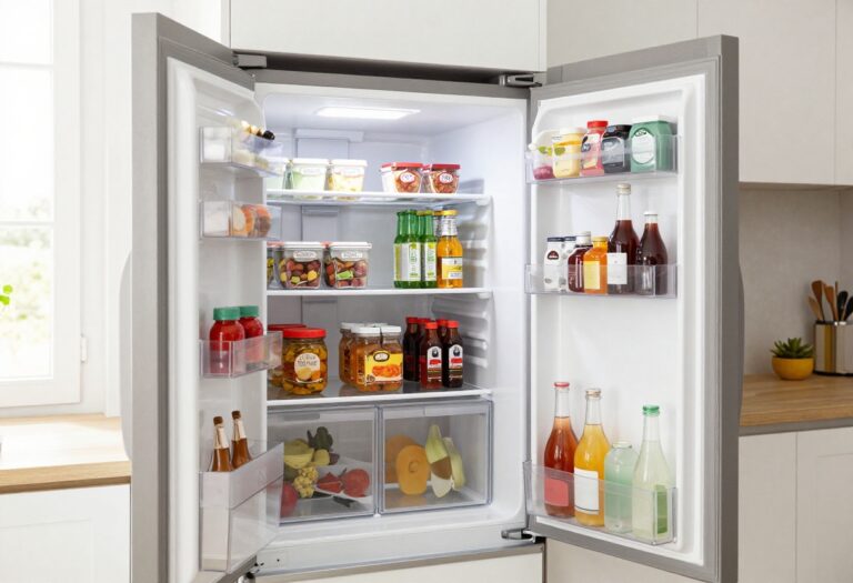 Organized fridge door with clear bins, labeled containers, and magnetic spice jars in a bright modern kitchen