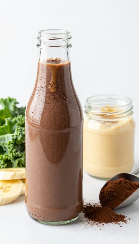 Chocolate almond kale protein smoothie in a glass with almond butter drizzle and cocoa powder, surrounded by kale, banana, almond butter jar, and cocoa powder on a white surface.