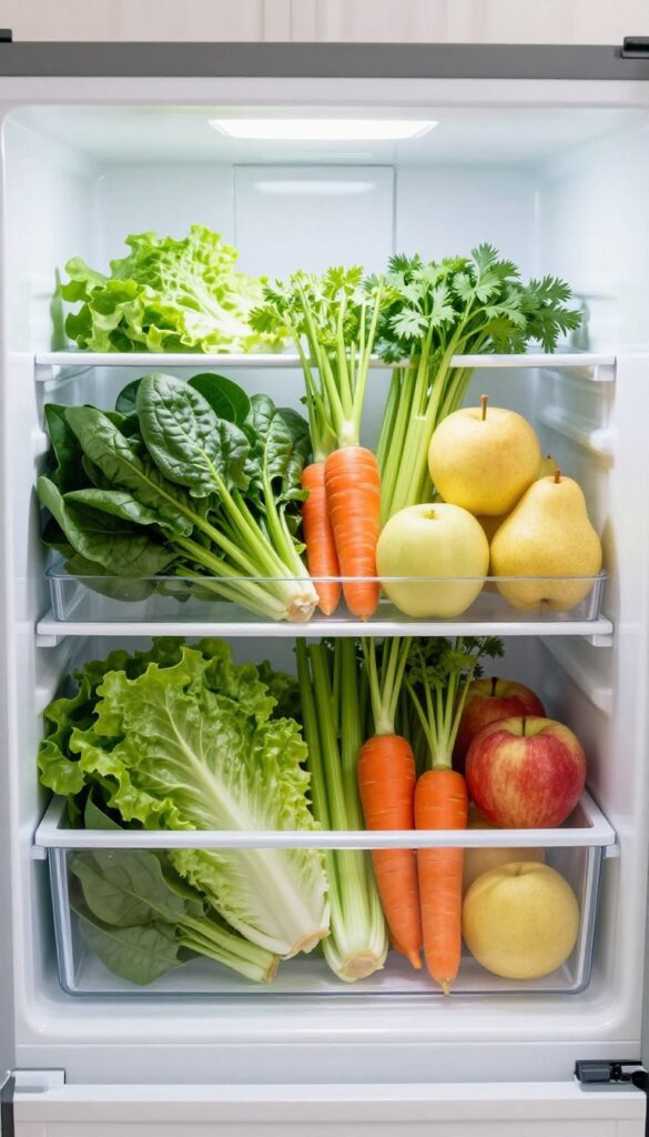 Fridge crisper drawer with adjustable dividers organizing fresh produce