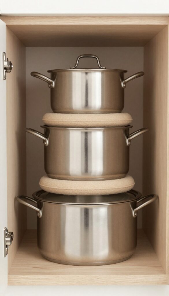 Stack of three stainless steel pots with felt pads between them inside a deep kitchen cabinet