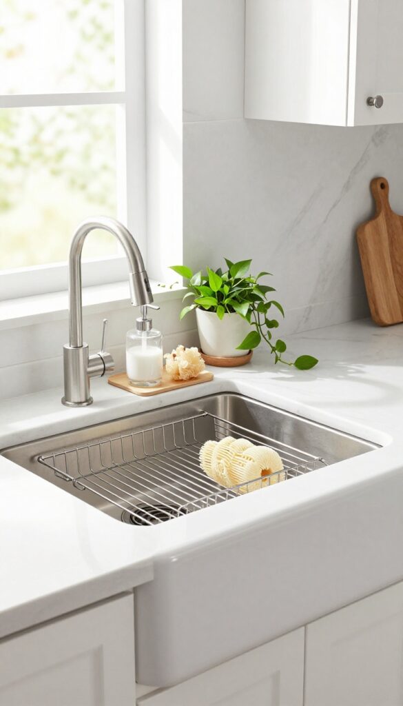 Over-the-sink drying rack with shelf space for soap and plant in a bright kitchen