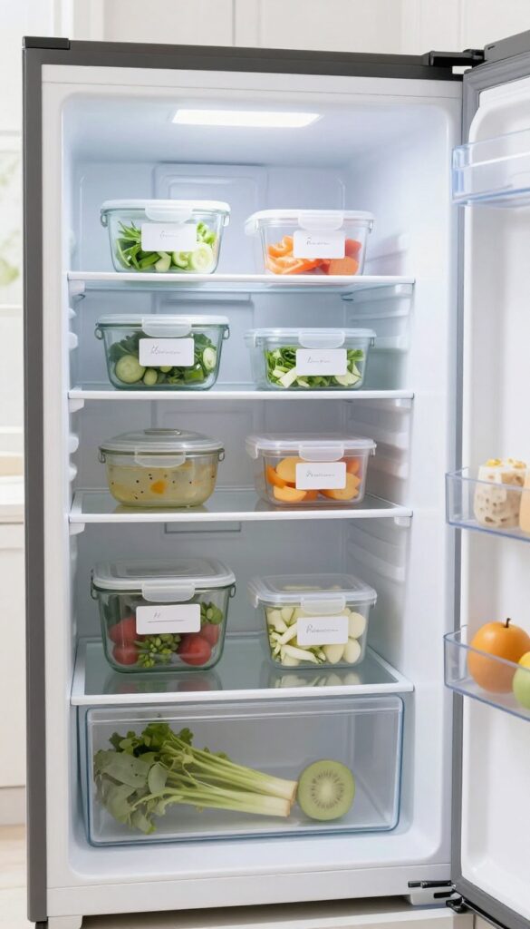 Open fridge with labeled glass jars and containers for organized food storage