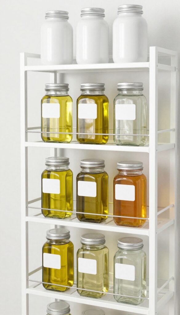 Tiered wire shelf organizing condiment jars in a bright pantry