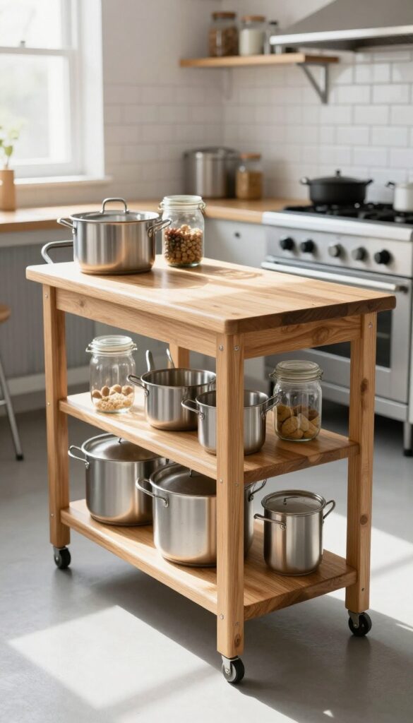 A narrow rolling cart with butcher-block top in a small restaurant kitchen, holding pots, pans, and ingredients, placed next to a stove with natural light.