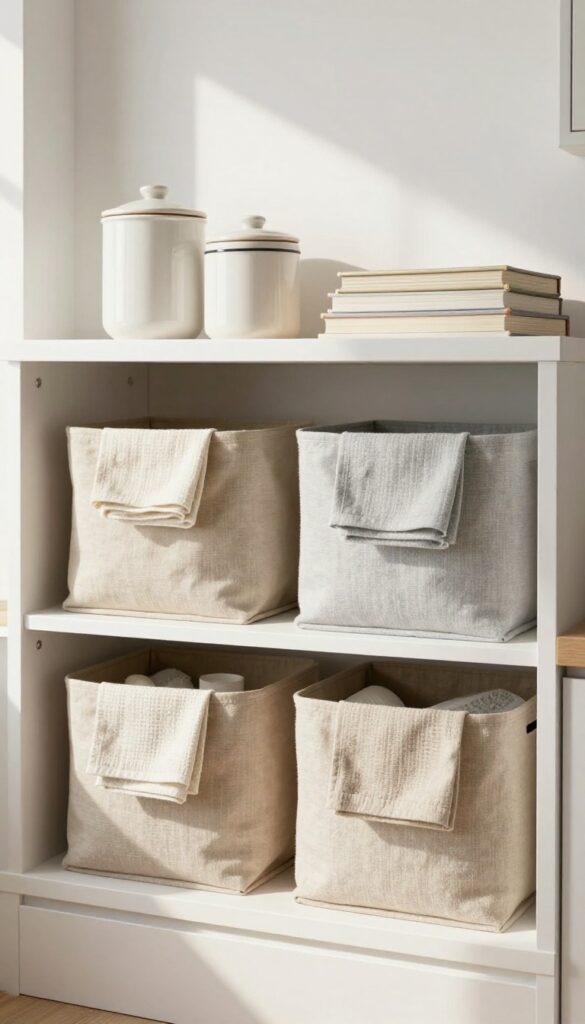 Open kitchen shelving with fabric bins in neutral tones, holding towels and small items, warm natural light, cozy interior design.
