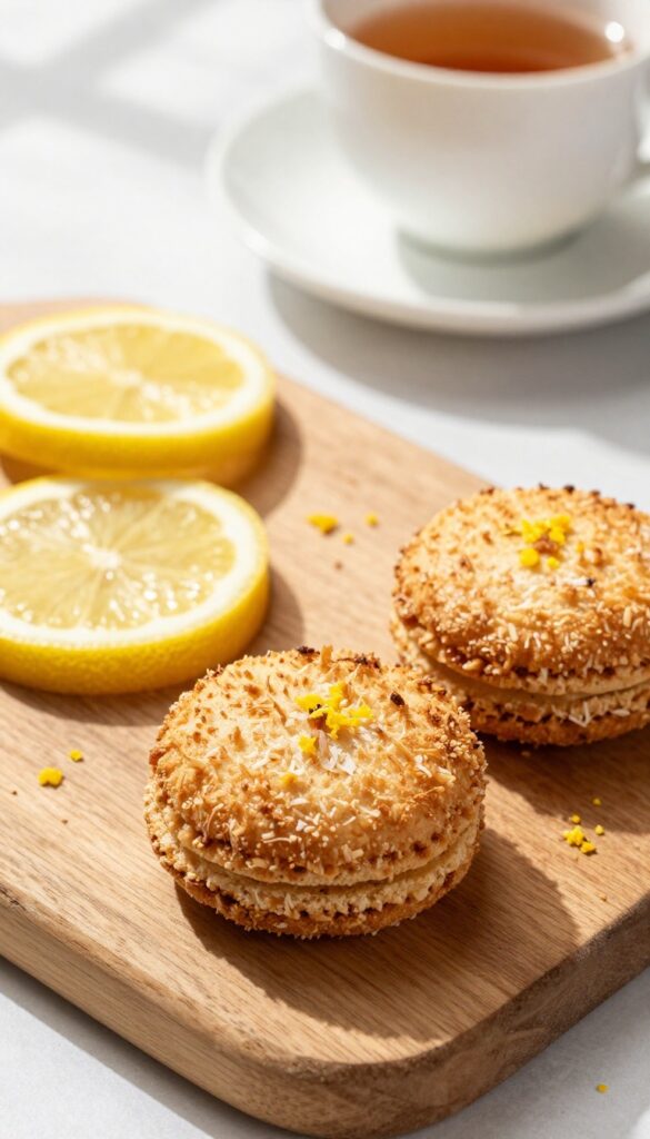 Three golden-brown lemon keto coconut macaroons on a wooden board with lemon slices and zest, with a blurred teacup in background.
