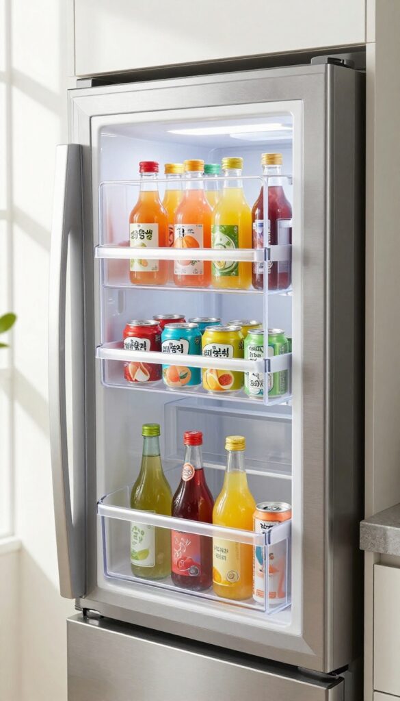 Clear over-the-door shoe organizer on fridge door holding juice pouches and small bottles