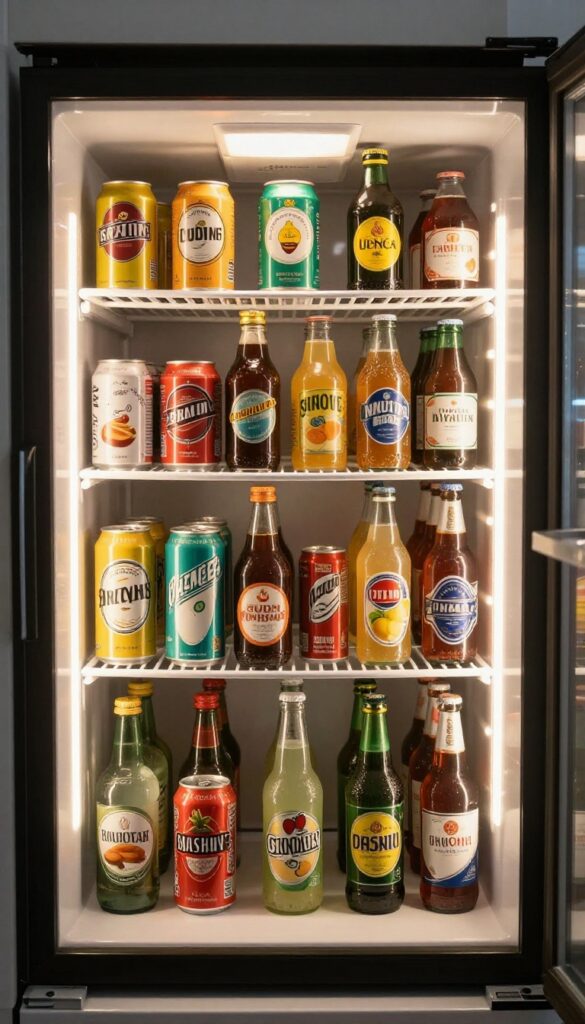 Open drink fridge with battery-operated LED strip illuminating cans and bottles at night