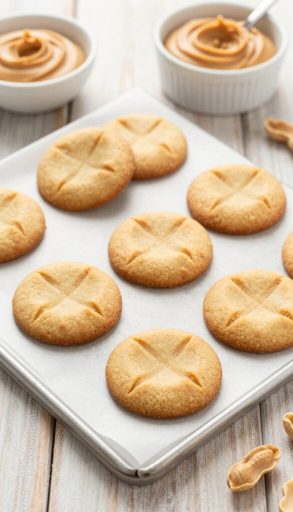Flourless peanut butter cookies on a baking sheet with fork marks and golden edges.
