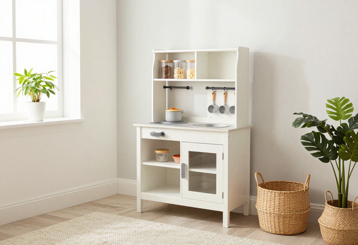 A neatly organized play kitchen in a bright living room with clear storage canisters and a pegboard.