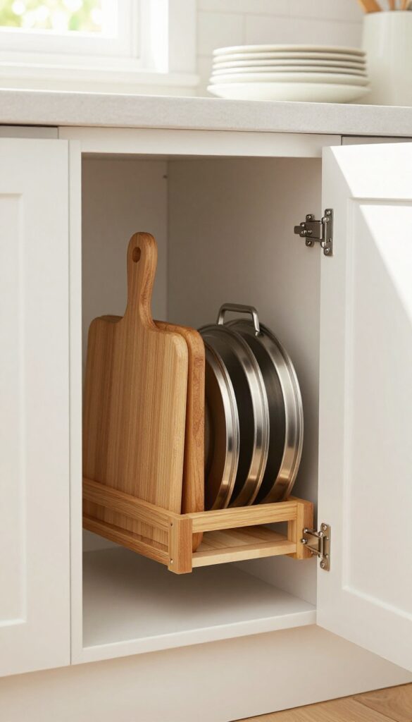 Open kitchen cabinet door with a door-mounted rack holding cutting boards and pot lids, organized and tidy.