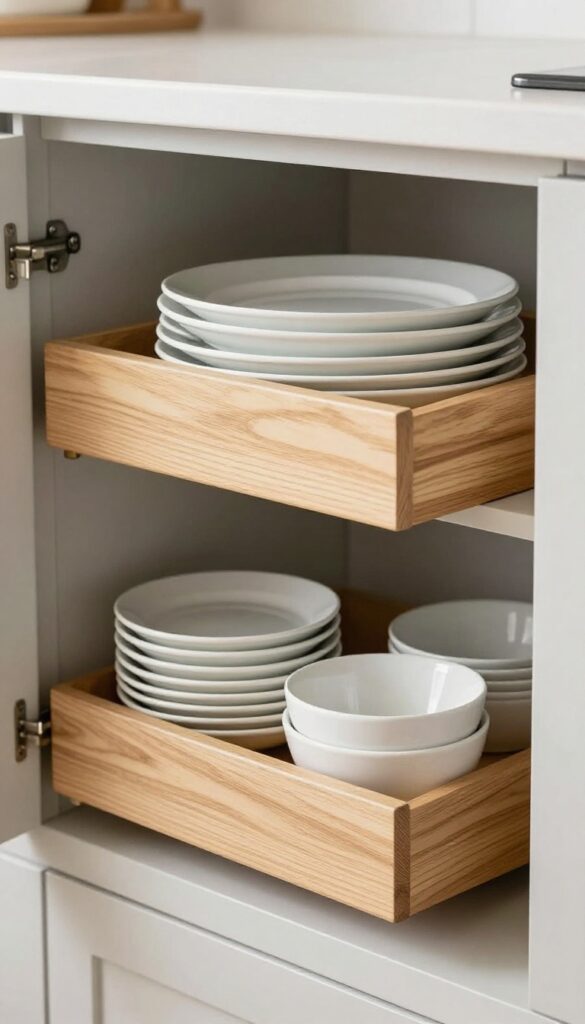 Pull-out drawer shelves in a deep lower kitchen cabinet holding neatly stacked white plates and bowls.