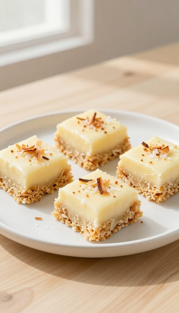 Keto coconut lemon bars on a white plate with toasted coconut topping