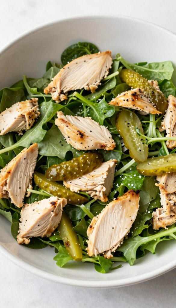 Dill pickle chicken salad with fork and iced tea on picnic table