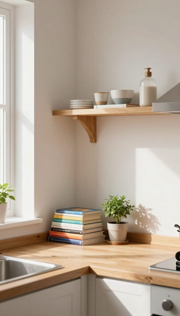 Cozy kitchen corner with cookbooks on a wooden shelf and a small plant, warm natural light