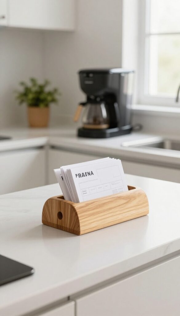 Wooden napkin holder on kitchen counter holding mail, next to coffee maker and plant.