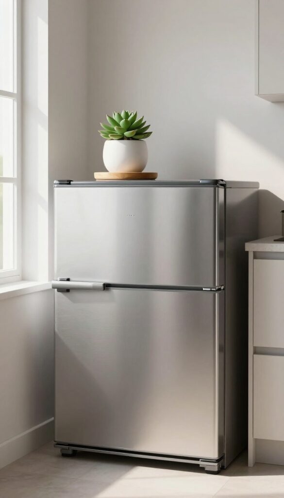 Mini succulent plant on top of a stainless steel fridge in a bright, minimal kitchen