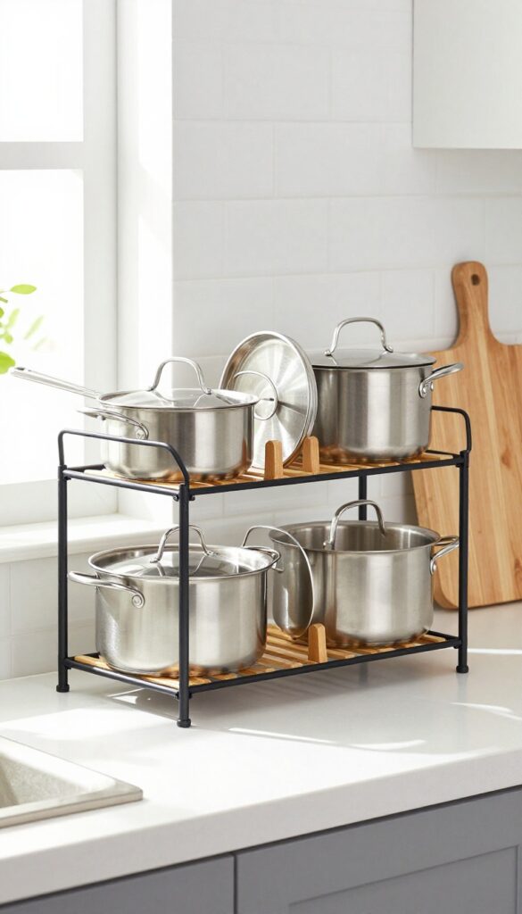 Modular interlocking pot rack on a kitchen countertop with stacked pots and lids in natural light