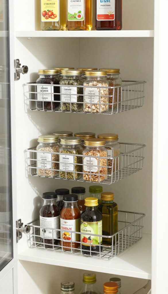 Pantry door with a slim over-the-door wire rack holding spices and oils, organized and well-lit.