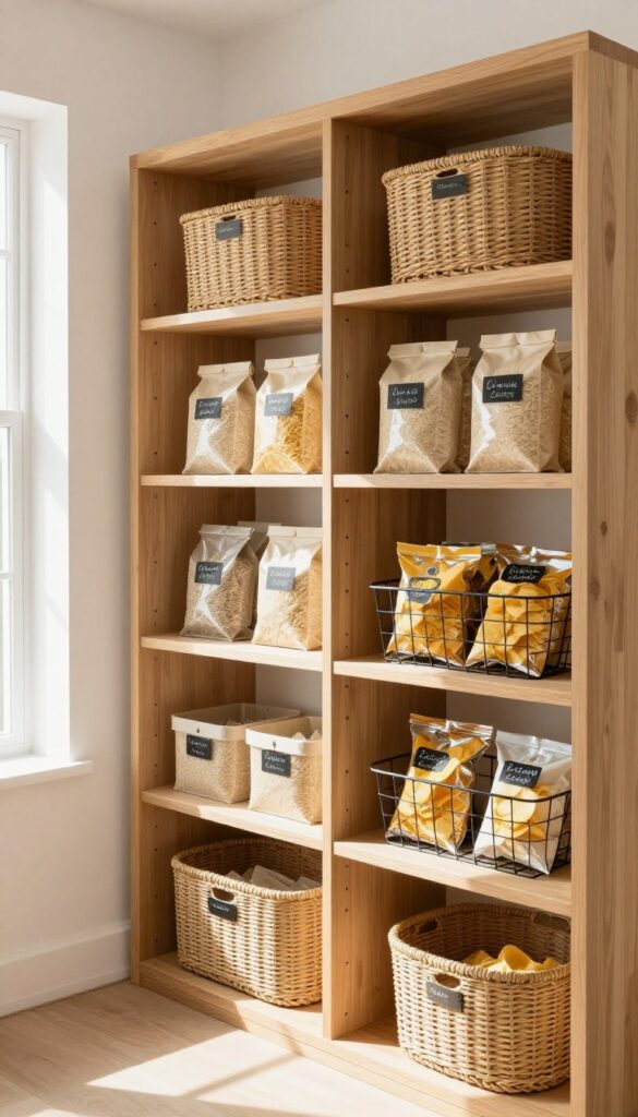 Open pantry shelves with woven seagrass baskets and wire bins organizing dry goods and snacks, labeled with chalk tags, in natural light.