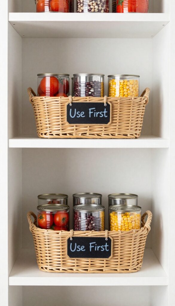 A woven basket labeled 'Use First' on a pantry shelf, filled with canned goods near expiration, in bright natural light.