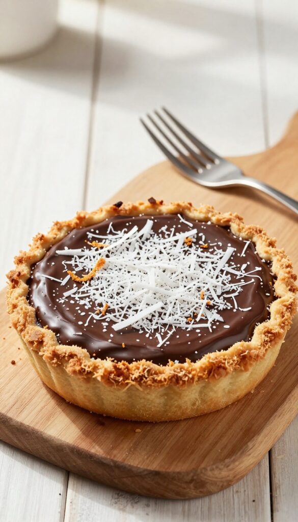 A slice of chocolate coconut cream pie with shredded coconut crust and toasted coconut topping on a wooden table.